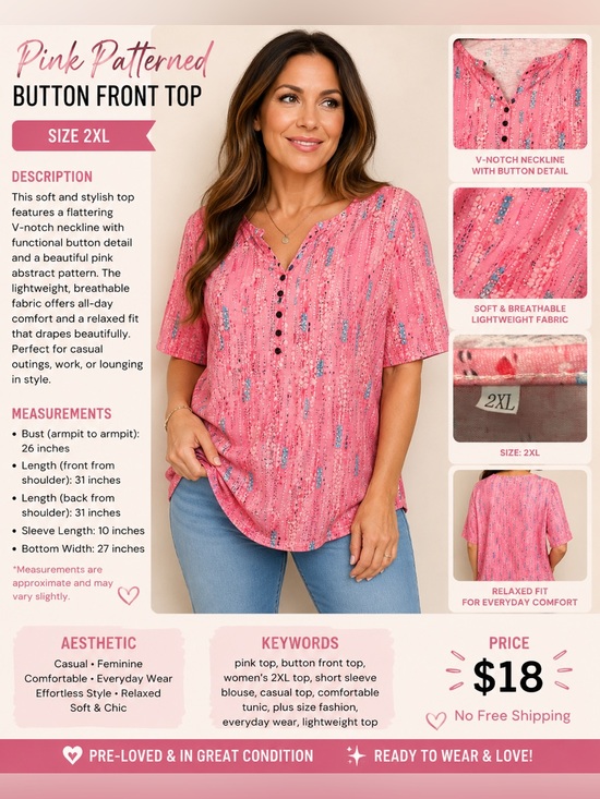 No brand Tops - Pink Patterned Button-Front Short Sleeve Top - 2XL